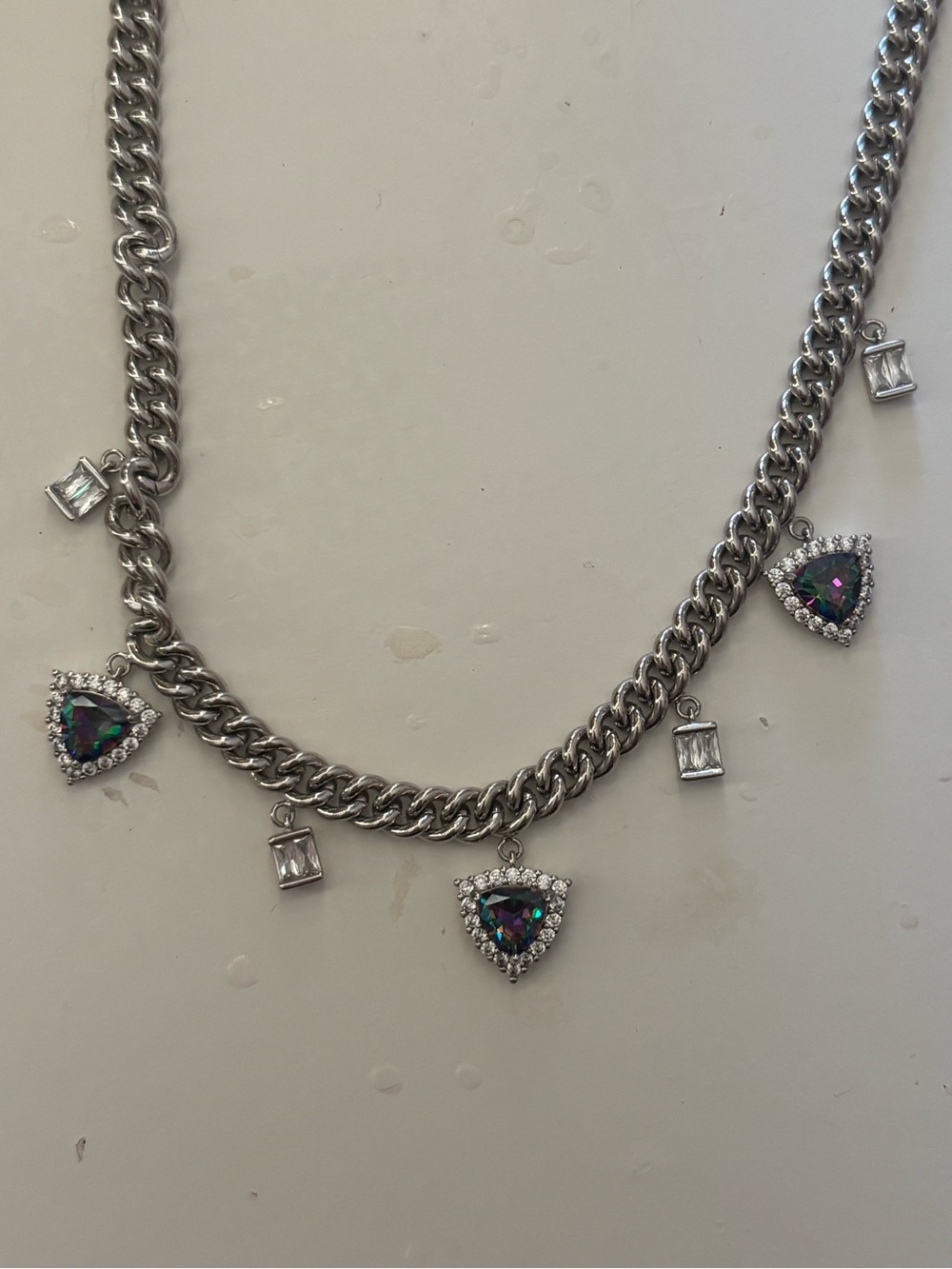 Silver-Tone Necklace with Iridescent Triangle Pendants